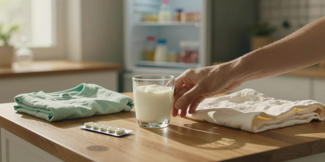 Biotecnología que es: la ciencia silenciosa que ya está en tu nevera, tu botiquín y hasta en la ropa que vistes 1 Yogur, ibuprofeno y camiseta sobre encimera de madera, símbolos de la biotecnología en el hogar
