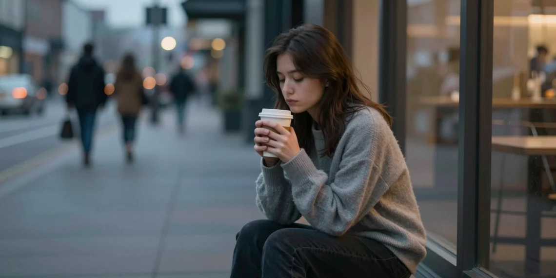 Frases de salud mental que ayudan a millones de personas a sobrellevar sus días más difíciles 1 Joven mujer sola en banco urbano al amanecer, sosteniendo un café, reflejando lucha emocional y esperanza silenciosa.