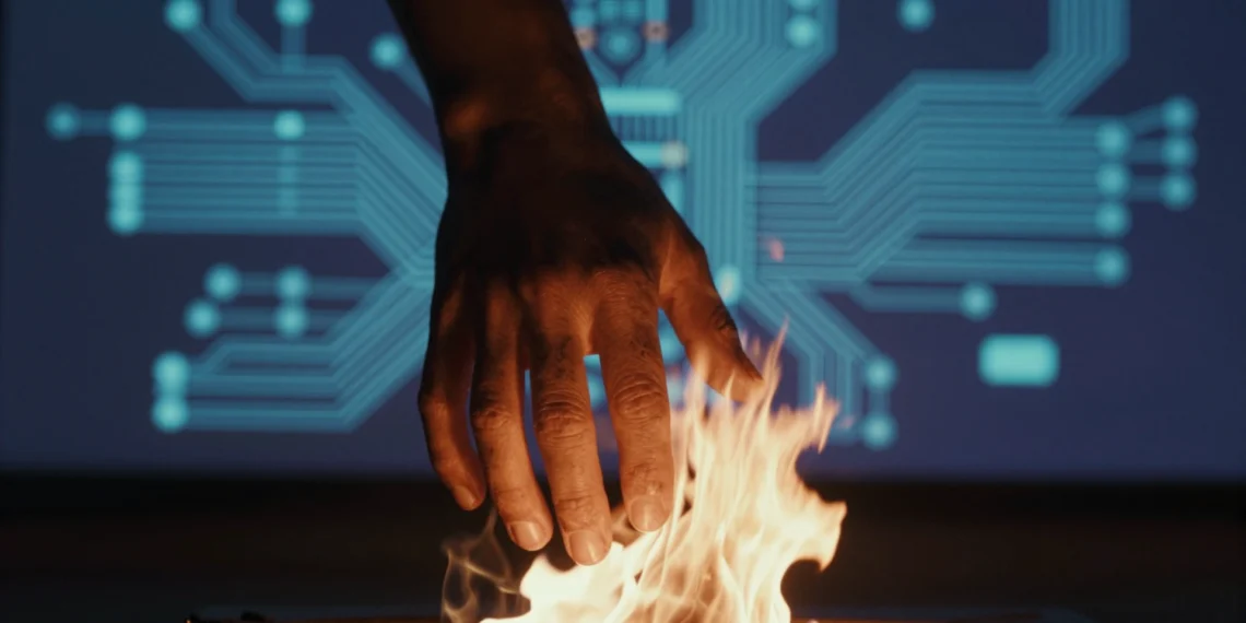 Del fuego a los algoritmos: las invenciones que han ido redefiniendo el rumbo de la civilización 1 Mano humana hacia una llama viva con circuitos digitales en azul al fondo, simbolizando la evolución tecnológica