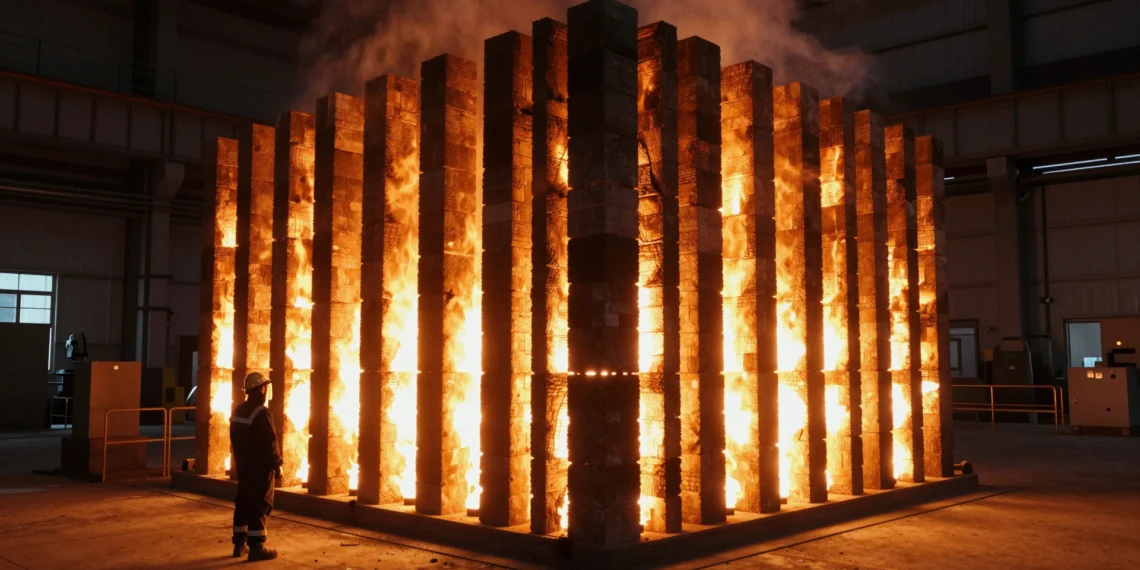 Ladrillos eléctricos alcanzan 1.800 °C sin llamas: la apuesta del MIT para descarbonizar la industria pesada con energía sobrante 1 Ingeniero frente a batería térmica de ladrillos refractarios incandescentes a 1.800 °C en instalación industrial
