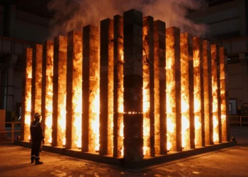 Ladrillos eléctricos alcanzan 1.800 °C sin llamas: la apuesta del MIT para descarbonizar la industria pesada con energía sobrante 2 Ingeniero frente a batería térmica de ladrillos refractarios incandescentes a 1.800 °C en instalación industrial