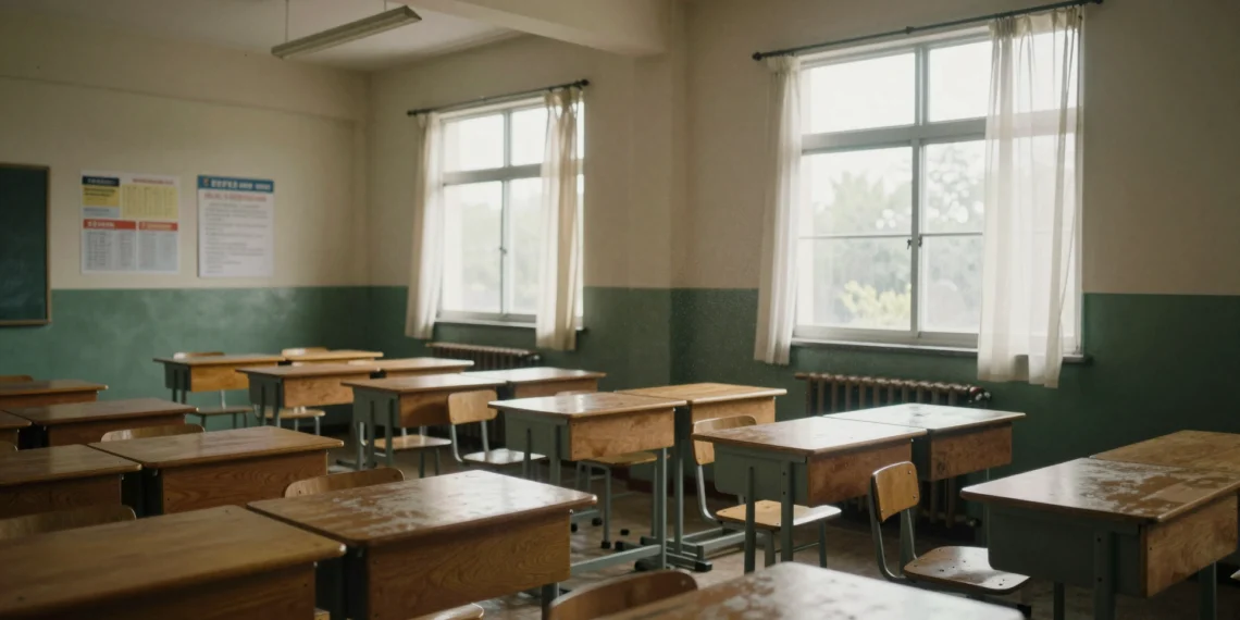 La calidad del aire en las aulas ya no es un problema invisible: el plan práctico que está cambiando los colegios 1 Aula escolar vacía con luz natural entrando por ventanas abiertas y partículas de polvo visibles en el aire