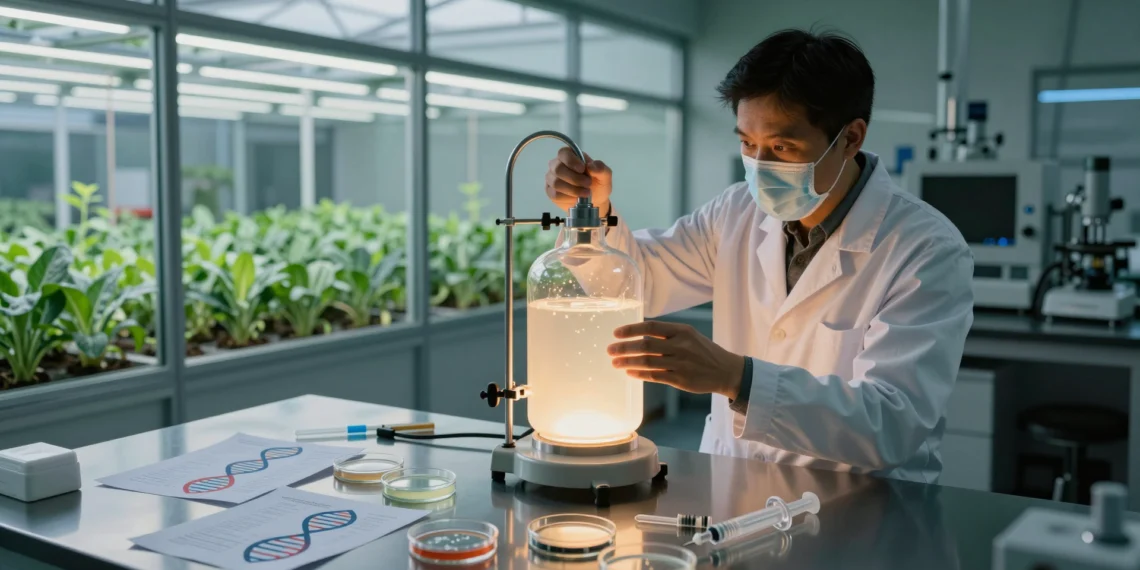 Qué estudia la biotecnología: de la insulina producida en bacterias a los cultivos que resisten el cambio climático 1 Científico con bata blanca manipulando un biorreactor en laboratorio de biotecnología con cultivos genéticos al fondo
