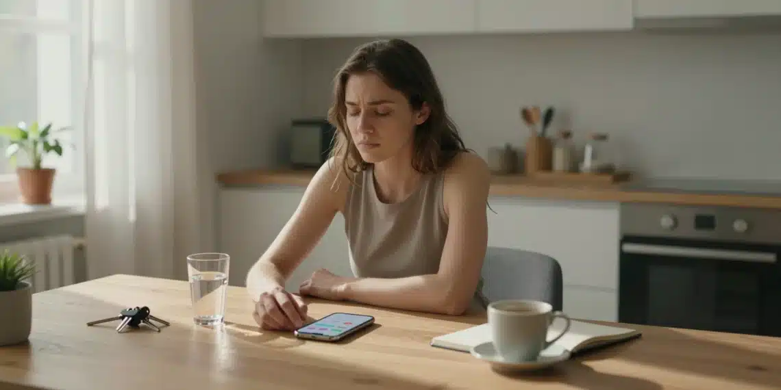 Meditación y mindfulness llevan años confundiéndose, y esa diferencia importa más de lo que parece 1 Mujer joven con ojos cerrados entre un móvil con app de bienestar y un cojín de meditación sin usar