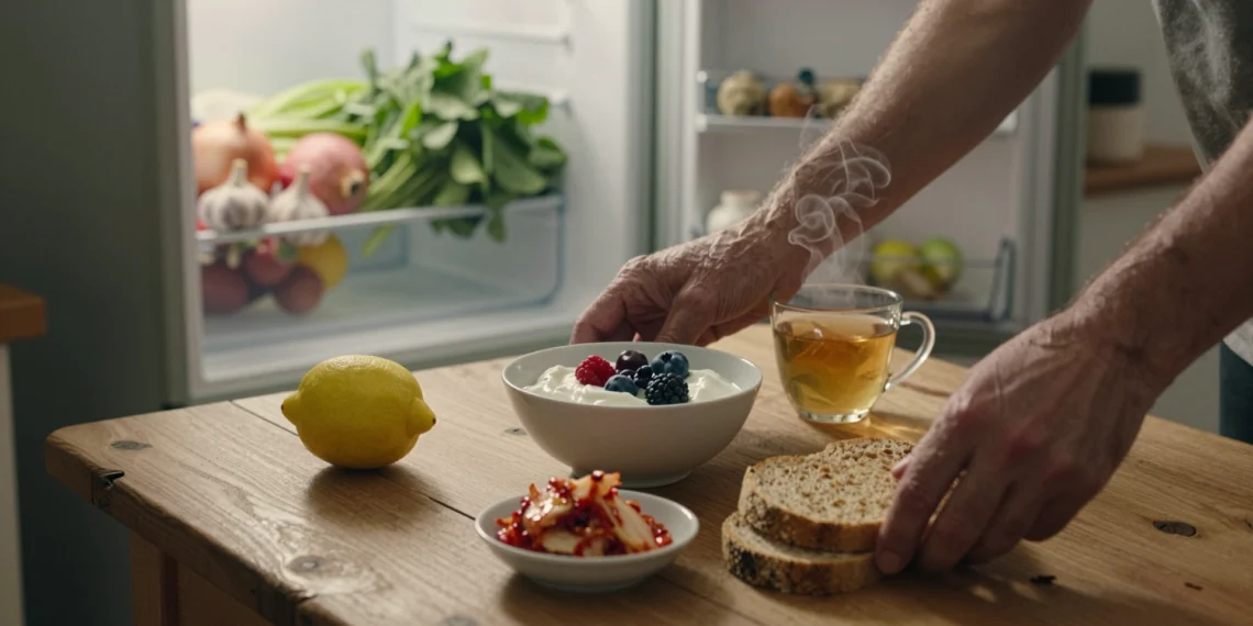 Cómo fortalecer el sistema inmune: los hábitos que transforman tus defensas día a día 1 Manos preparando desayuno saludable con yogur, bayas, kimchi y té para fortalecer las defensas