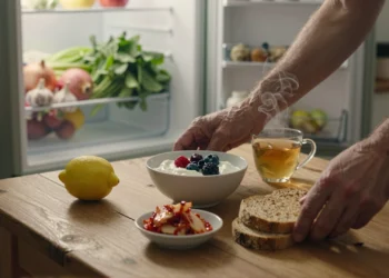 Cómo fortalecer el sistema inmune: los hábitos que transforman tus defensas día a día 5 Manos preparando desayuno saludable con yogur, bayas, kimchi y té para fortalecer las defensas