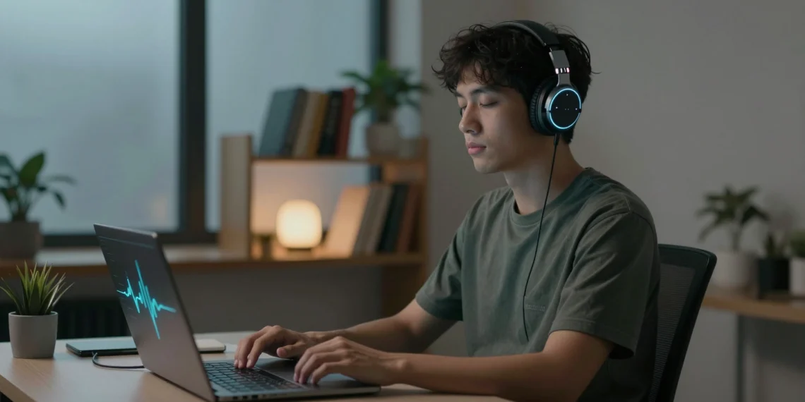 Neurable One convierte el EEG de consumo en un medidor continuo de salud cerebral 1 Joven profesional con auriculares EEG integrados en oficina en casa, monitorizando la salud cerebral de forma pasiva