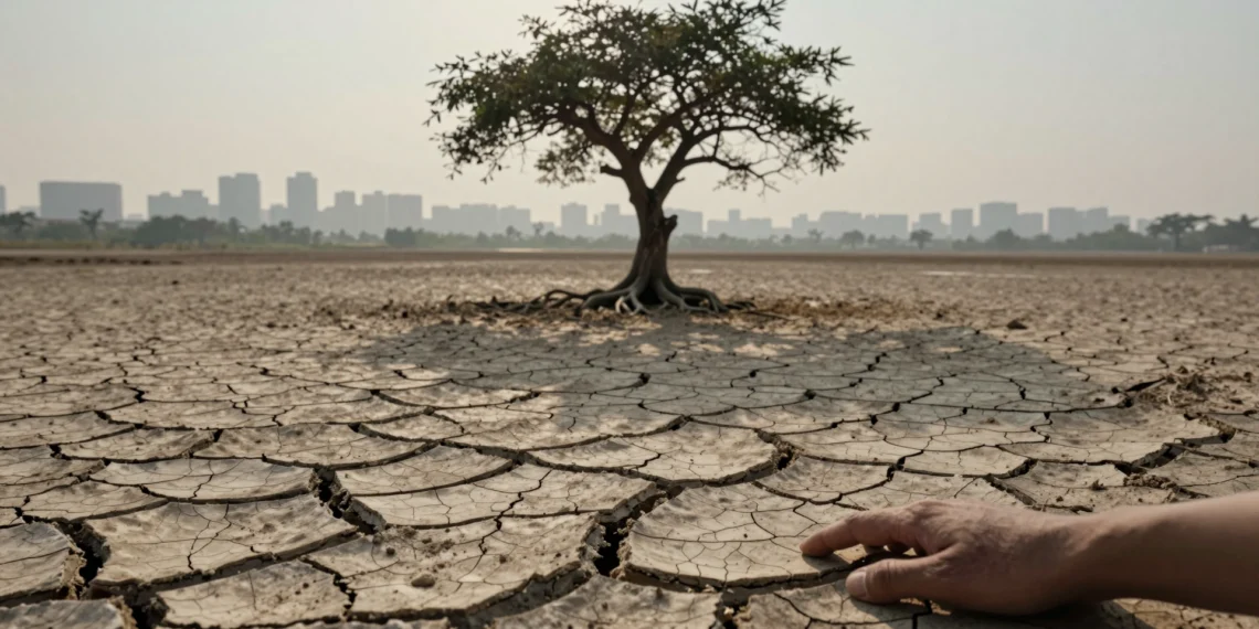 La silenciosa caída de los cimientos: por qué perder especies nos acerca a un punto sin retorno 1 Mano humana tocando tierra agrietada junto a un árbol solitario y seco, con la silueta de una ciudad contaminada al fondo, en