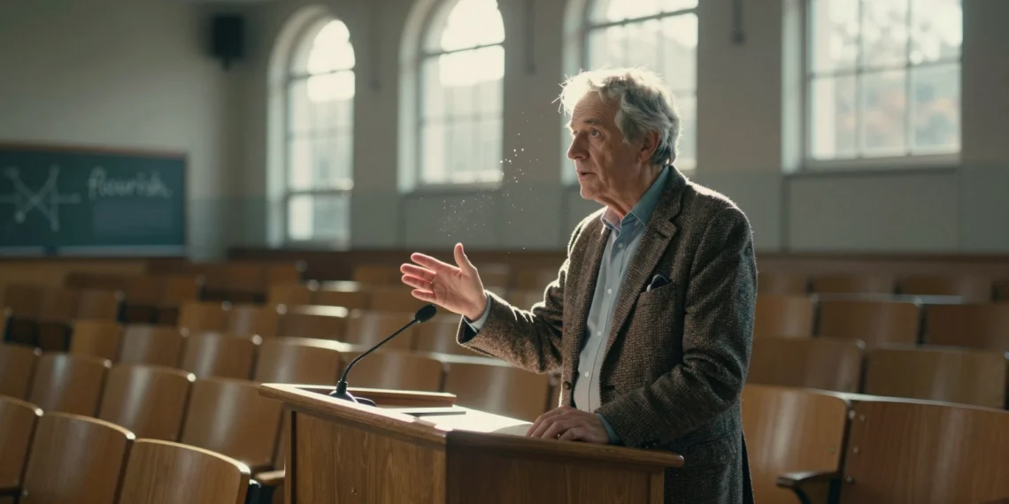 La psicología positiva ya no es una moda: el giro científico que cambió el estudio de la felicidad 1 Profesor mayor en atril con chaqueta de tweed, aula universitaria iluminada, pizarra con la palabra 'flourish' en el fondo.
