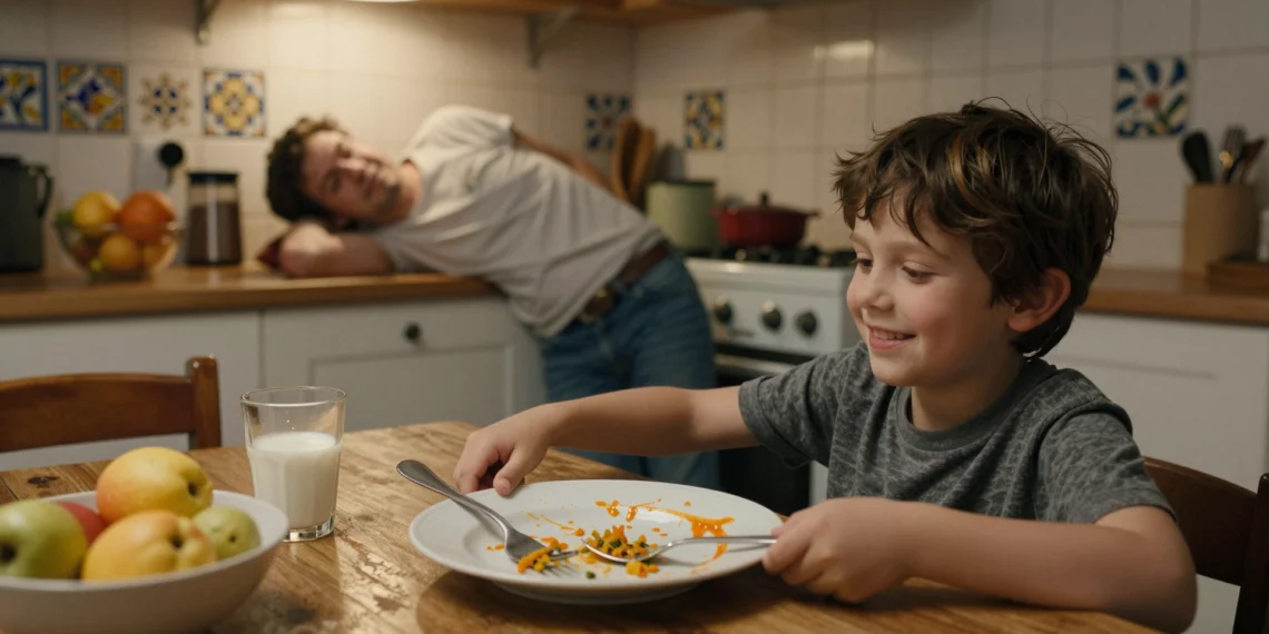 El plato vacío que cambió la cena en una casa de Madrid: recetas reales para que los niños coman sano sin dramas 1 Niño de 7 años sonriente empujando un plato vacío con restos de puré de verduras en una cocina madrileña, mientras un padre o