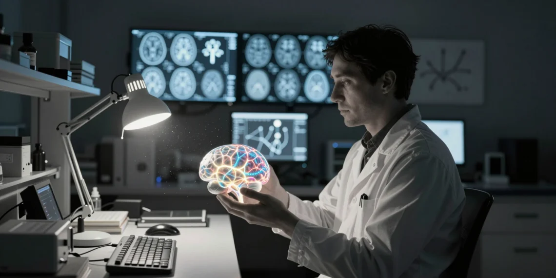 Seis principios de la neurociencia que redefinen lo que sabíamos sobre el cerebro humano 1 Neurocientífico sosteniendo un modelo transparente de cerebro humano con vías neuronales brillantes en un laboratorio de baja