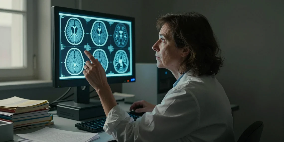 Siete circuitos cerebrales heredados de la evolución podrían explicar el origen biológico de tus emociones 1 Neurocientífica de perfil ante un escáner cerebral que muestra siete circuitos emocionales iluminados en un laboratorio