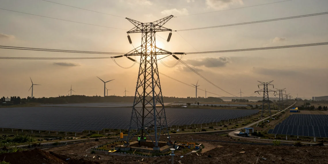 China construye una red eléctrica capaz de absorber por fin toda su energía renovable 1 Torres de alta tensión y líneas eléctricas sobre una planta solar y turbinas eólicas en China al atardecer