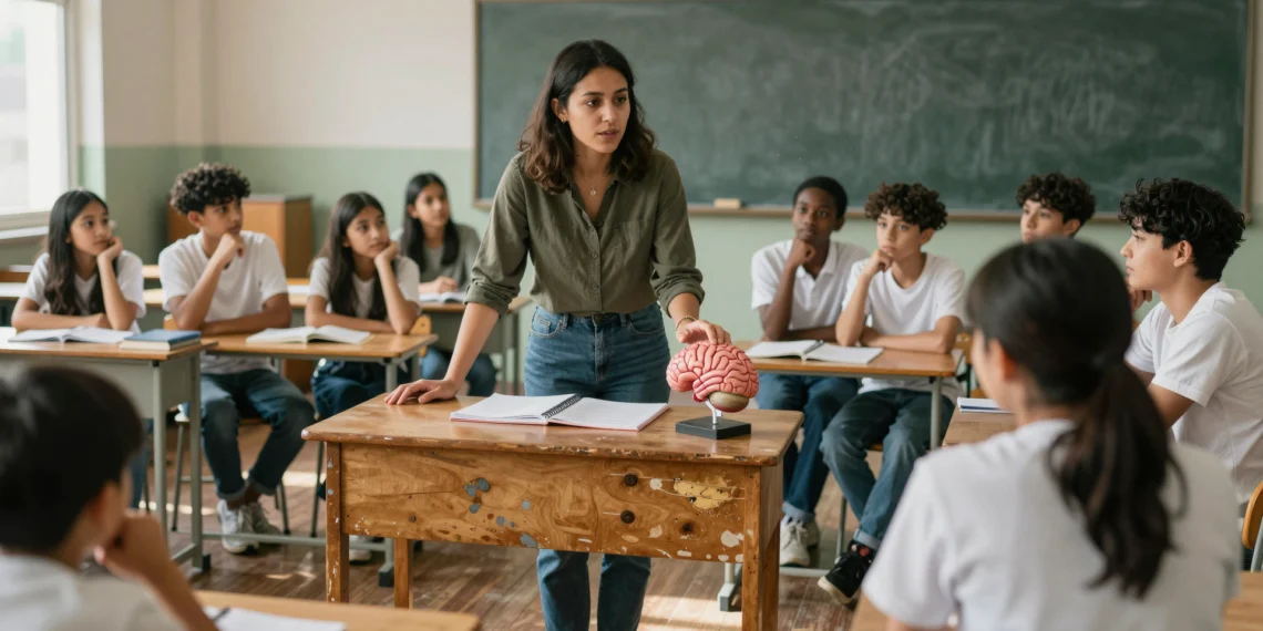 El cerebro no es una esponja: lo que la neurociencia realmente puede aportar al aula 1 Profesora con un modelo de cerebro anima a estudiantes a debatir en un aula luminosa