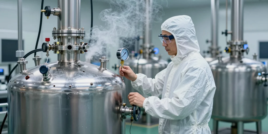 La carrera por un gas invisible: EE. UU. blinda el suministro de helio para no perder la próxima batalla tecnológica 1 Técnico junto a un tanque criogénico de helio en una sala limpia de semiconductores, con niebla y luces azules.