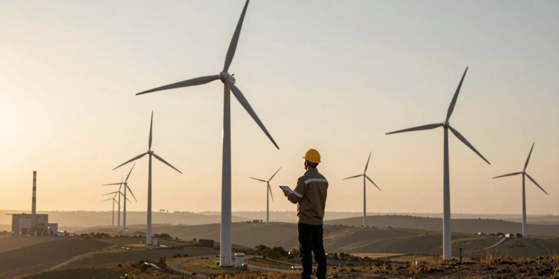 Un mundo que aprendió a generar electricidad sin quemar el planeta 1 Ingeniero con casco amarillo observa aerogeneradores en una colina al atardecer, con una antigua planta térmica al fondo.
