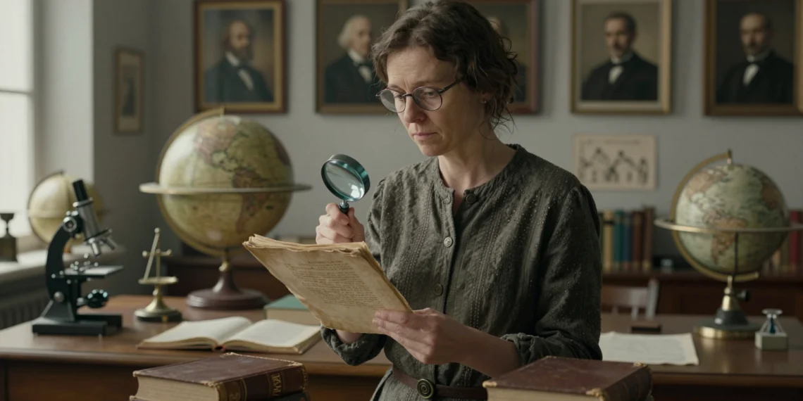 La historia de la ciencia no es solo una lista de genios: es un relato lleno de olvidos y relecturas que aún se está escribiendo 1 Historiadora con lupa examinando un manuscrito antiguo en un archivo, rodeada de libros e instrumentos científicos.