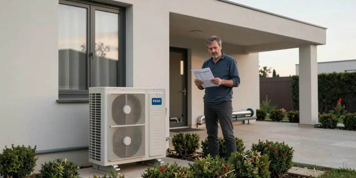 Instalación de aerotermia en vivienda unifamiliar: el coste que no te cuentan hasta que pides presupuesto 1 Propietario revisando presupuesto de aerotermia junto a bomba de calor instalada en fachada de vivienda unifamiliar española