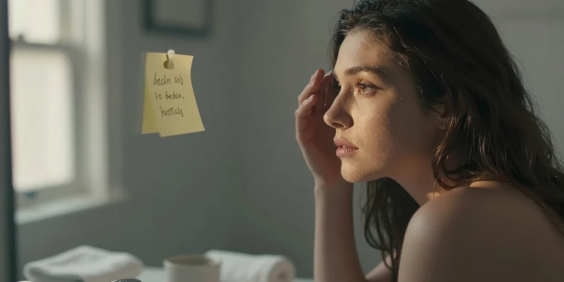 Las frases de psicología positiva que están cambiando la forma en que las personas gestionan sus emociones 1 Mujer joven frente al espejo del baño con una nota adhesiva, reflejando calma y gestión emocional