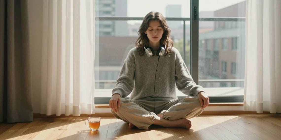 La meditación guiada para la ansiedad se ha convertido en el refugio mental que tu día a día necesita 1 Mujer joven meditando con auriculares en apartamento urbano con luz natural matinal y suelo de madera