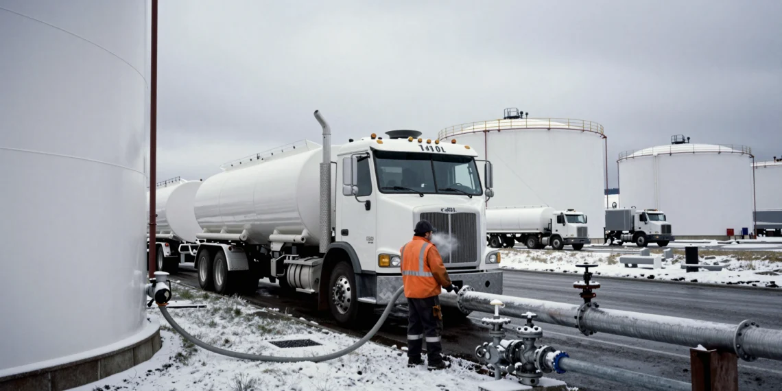El plan de emergencia para que el noreste de EE. UU. no se quede sin calefacción este invierno 1 Trabajador en depósito de gasóleo en Portland (Maine) conecta manguera a camión cisterna con nieve.