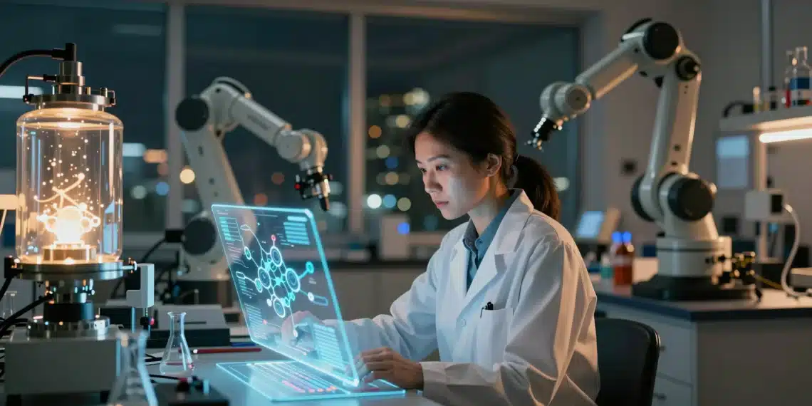 La IA ya no avanza sola: el giro silencioso que está reordenando la ciencia y la industria 1 Científica analiza interfaz holográfica de IA junto a biorreactores y brazos robóticos en laboratorio
