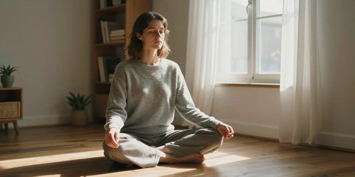 Meditación para principiantes: una guía práctica para empezar sin agobios y mantener el hábito 1 Mujer joven meditando sentada en el suelo de su salón, con luz natural de mañana y ambiente tranquilo