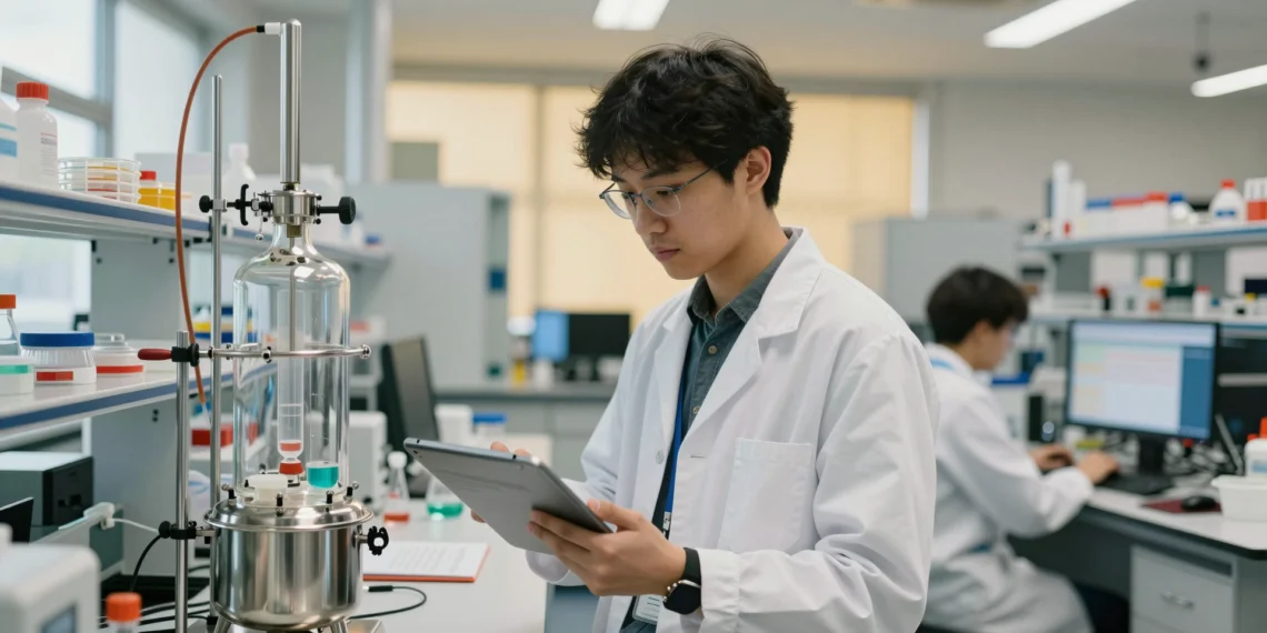 Qué se estudia en biotecnología: de la manipulación genética a la creación de empresas 1 Estudiante de biotecnología en un laboratorio moderno junto a un biorreactor de acero inoxidable, analizando datos en una表