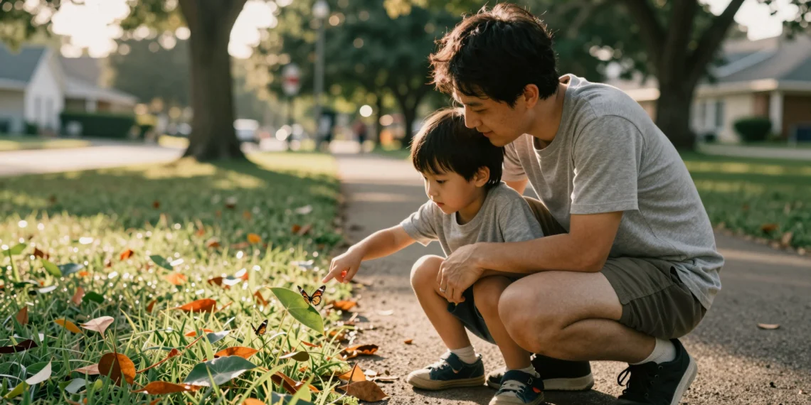 Así puedes convertir a tus hijos en guardianes de la naturaleza sin salir de casa 1 Padre e hijo agachados en un sendero del parque, señalando una mariposa sobre una hoja durante la hora dorada