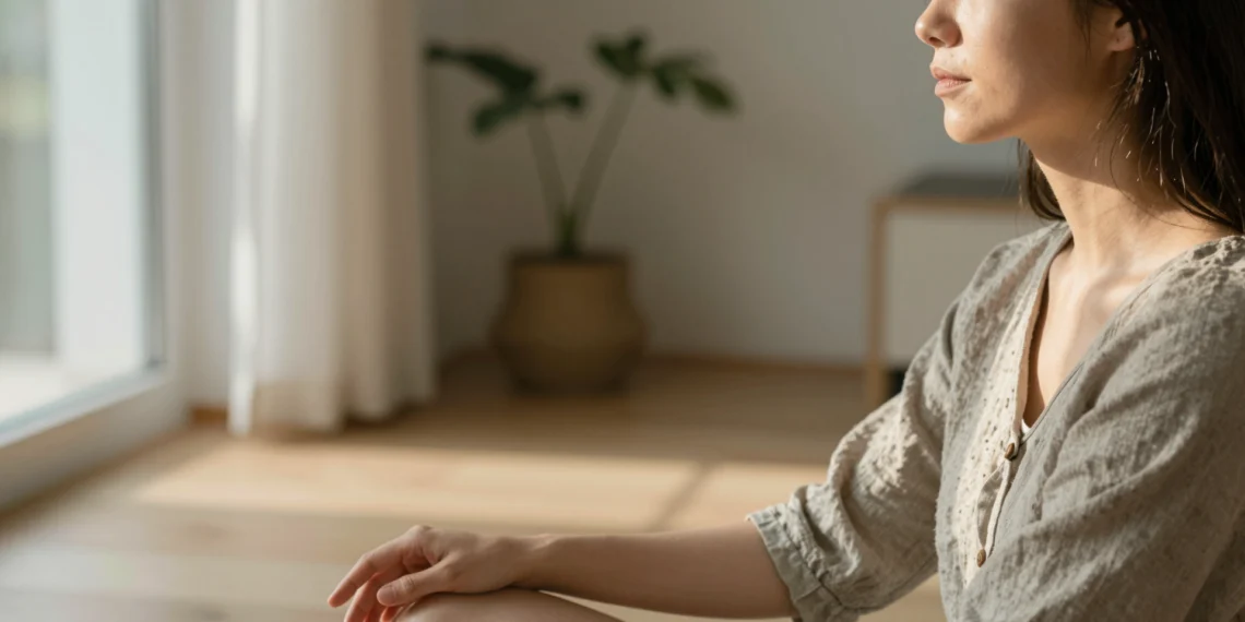 10 ejercicios de respiración para transformar el estrés en calma en pocos minutos 1 Mujer joven meditando con ojos cerrados, practicando respiración consciente junto a una ventana luminosa