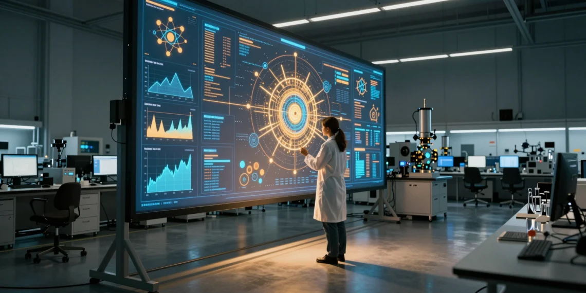 Estados Unidos abre una convocatoria de 400 millones de dólares para financiar la ciencia básica que aún no tiene aplicación comercial 1 Científica en laboratorio de investigación básica ante una pared de visualización de datos científicos en azul y ámbar