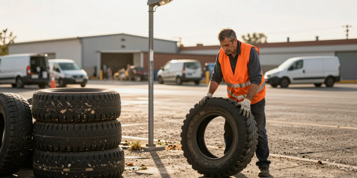 De neumáticos viejos a farolas recicladas: la red silenciosa que ya mueve la economía sostenible en España 1 Operario levanta un neumático usado en un patio de reciclaje de Madrid mientras una farola reciclada brilla al fondo