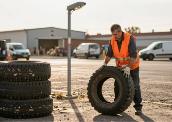 De neumáticos viejos a farolas recicladas: la red silenciosa que ya mueve la economía sostenible en España 2 Operario levanta un neumático usado en un patio de reciclaje de Madrid mientras una farola reciclada brilla al fondo