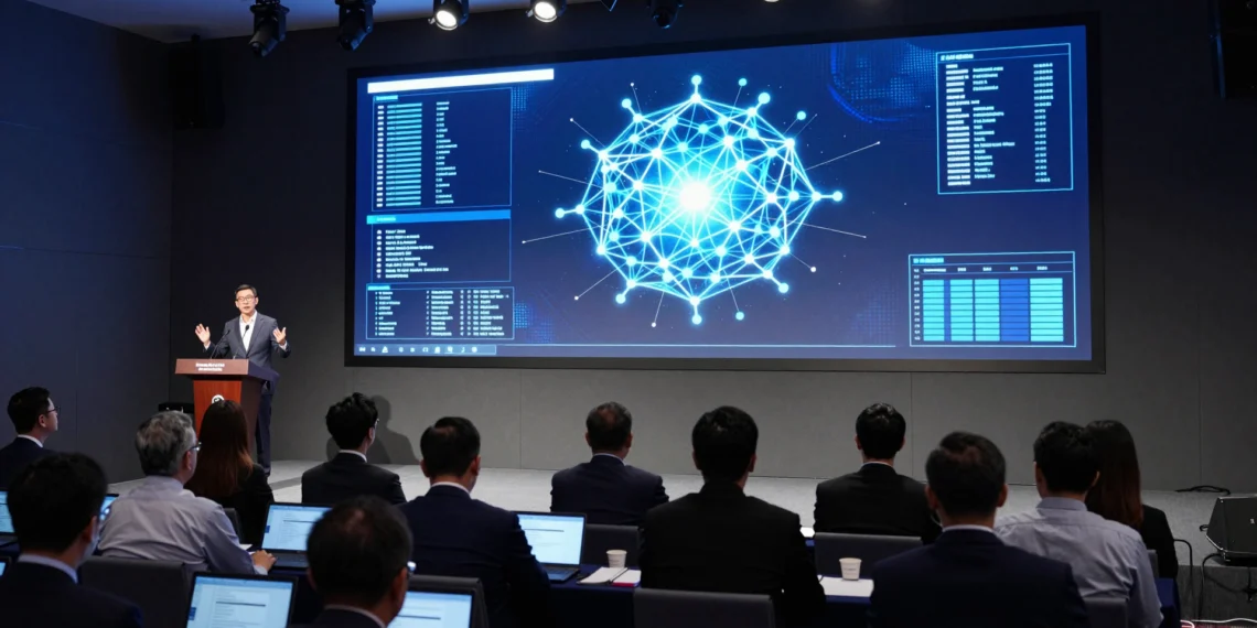 La empresa de IA que anuncia el apocalipsis tecnológico mientras prepara su salida a bolsa 1 Ejecutivo de IA gesticula en un foro en Bangkok ante banqueros, con una pantalla LED de redes neuronales y un tono sombrío.