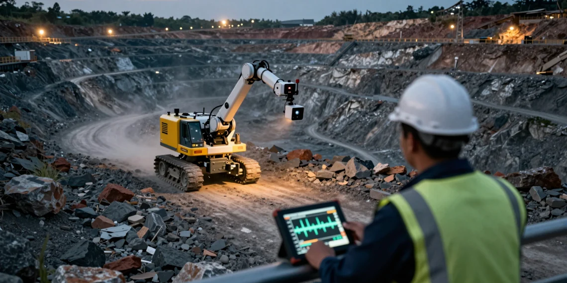 La IA industrial ya no solo predice fallos: ahora aprende a moverse por plantas y minas sin poner vidas en riesgo 1 Robot autónomo con sensores y cámaras térmicas se desplaza por una mina a cielo abierto mientras un ingeniero lo supervisa, y