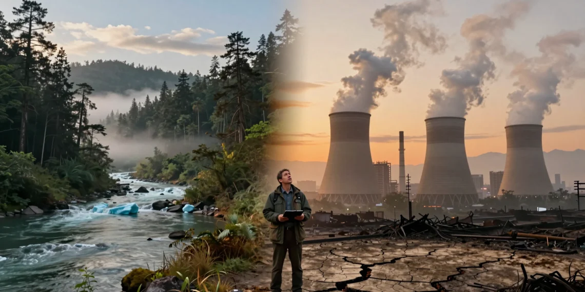 El clima de la Tierra siempre cambió, pero nunca a la velocidad que ha desconcertado a la ciencia moderna 1 Científica climática en la frontera entre naturaleza prístina y skyline industrial contaminado