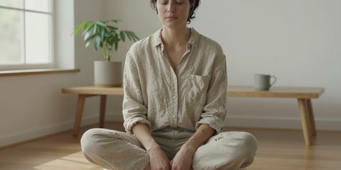 Meditación guiada para principiantes: así se empieza a practicar mindfulness sin frustrarse 1 Mujer joven meditando sentada en un cojín en un salón minimalista con luz natural