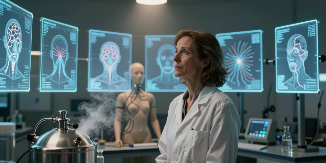Seis ideas radicales para que tu mente sobreviva a tu cuerpo 1 Científica observa paneles holográficos de escáneres neuronales en un laboratorio de biotecnología con equipo criogénico