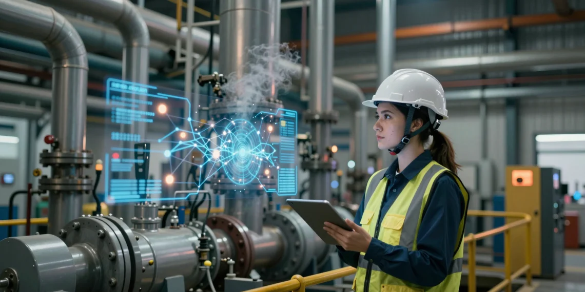 Las fábricas ya no son máquinas rígidas: así aprenden a regularse solas bajo supervisión humana 1 Ingeniera con tableta y casco supervisa maquinaria industrial con flujos de datos holográficos azules