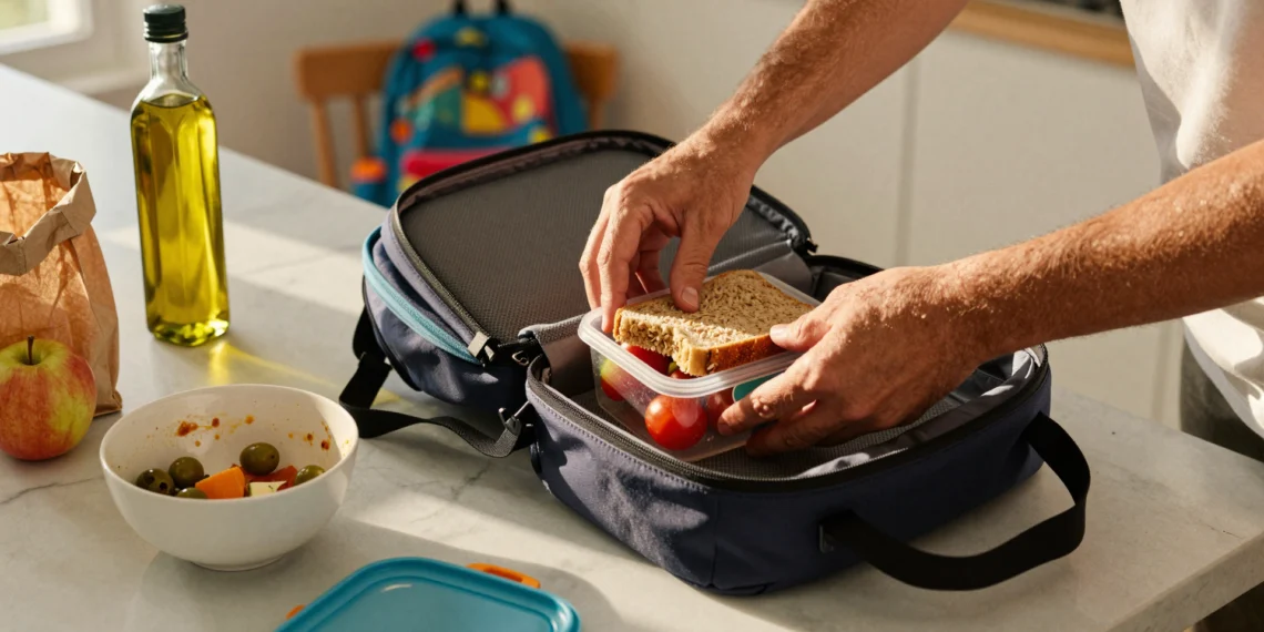 Diez almuerzos que caben en una mochila y transforman la salud infantil sin dramas 1 Padre guardando tomates cherry y un sándwich integral en la mochila infantil, luz cálida de mañana.