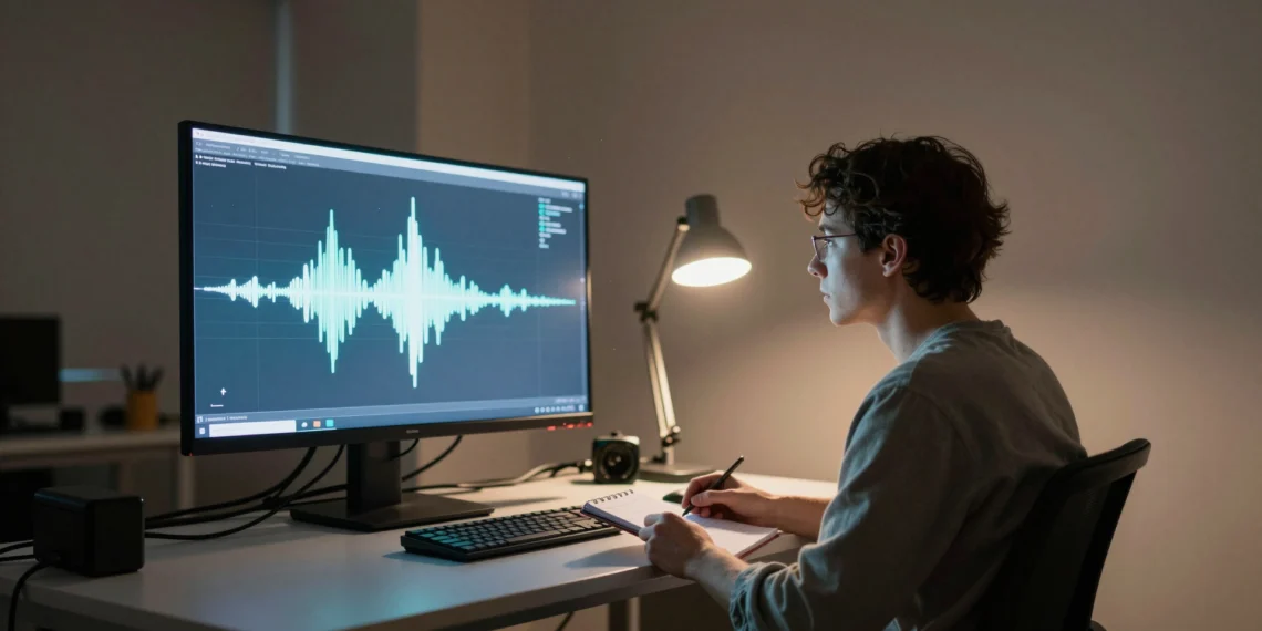 El experimento que intenta averiguar si una IA siente emociones y por qué podría ser peligroso 1 Investigadora entrevista a una IA en un laboratorio minimalista mientras la pantalla muestra una onda abstracta