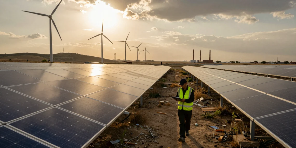 La energía limpia ya compite en precio con los combustibles fósiles y transforma el panorama energético 1 Técnico revisa paneles solares al atardecer, con turbinas eólicas y chimeneas de combustibles fósiles al fondo