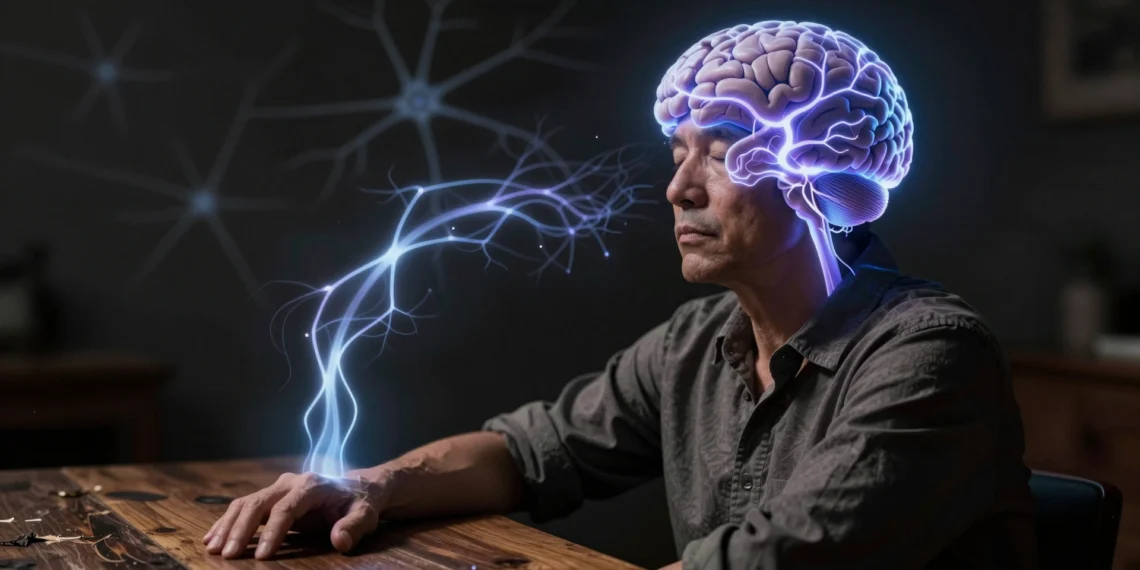 El mundo que ves no existe: así construye tu cerebro la realidad a partir de impulsos eléctricos 1 Figura humana con ojos cerrados y señales eléctricas bioluminiscentes azules y violetas ascendiendo hacia el cerebro