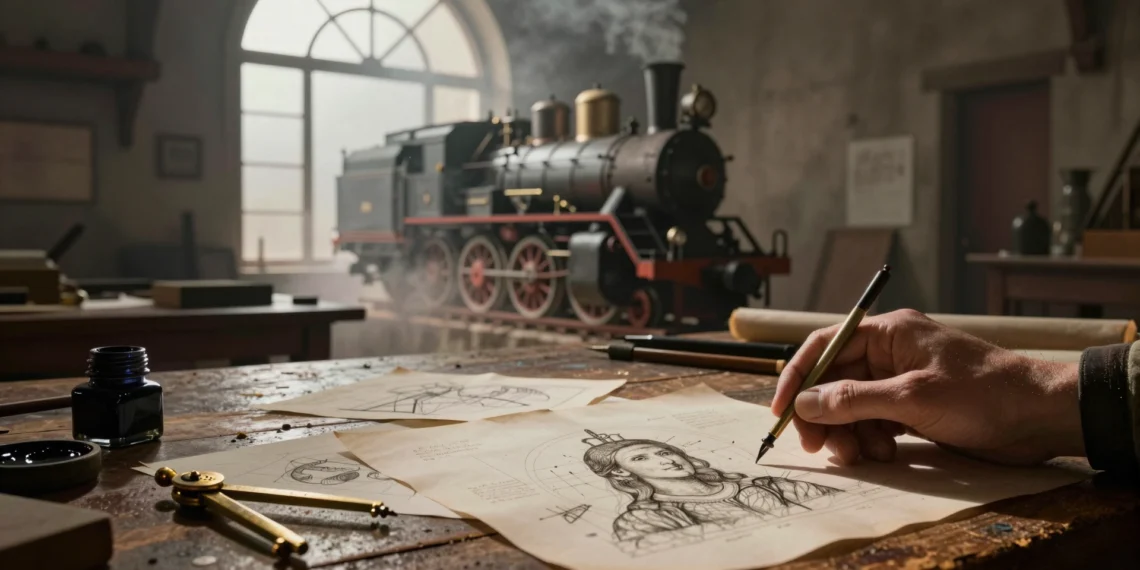 De los cuadernos de Leonardo a la primera locomotora: el lento despegue de una nueva era tecnológica 1 Taller renacentista con bocetos de Leonardo da Vinci y una locomotora de vapor difuminada al fondo