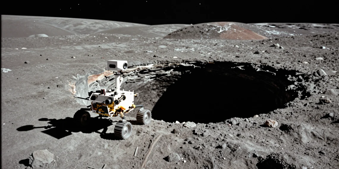 Una misión lunar se adentra en un antiguo tubo de lava que podría albergar astronautas 1 Rover robótico en el borde de un pozo lunar en Marius Hills, un tubo de lava que podría albergar astronautas