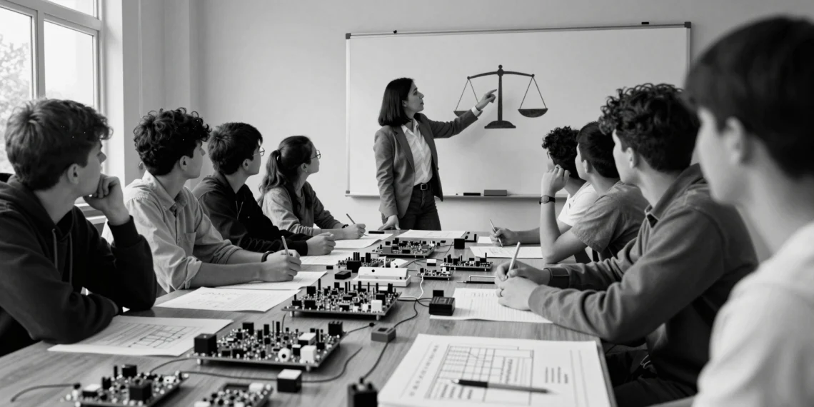 Los ingenieros del futuro ya no solo calculan circuitos: ahora debaten sobre hospitales, minerales de conflicto y el bien común 1 Estudiantes y profesora debaten en aula sobre circuitos, hospitales y minerales de conflicto.