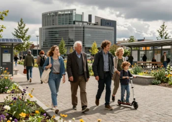 Europa se prepara para 2040 con una competitividad que ya no se mide solo en euros 10 Ciudadanos europeos pasean por una plaza sostenible en Bruselas con el Parlamento al fondo, simbolizando la competitividad de
