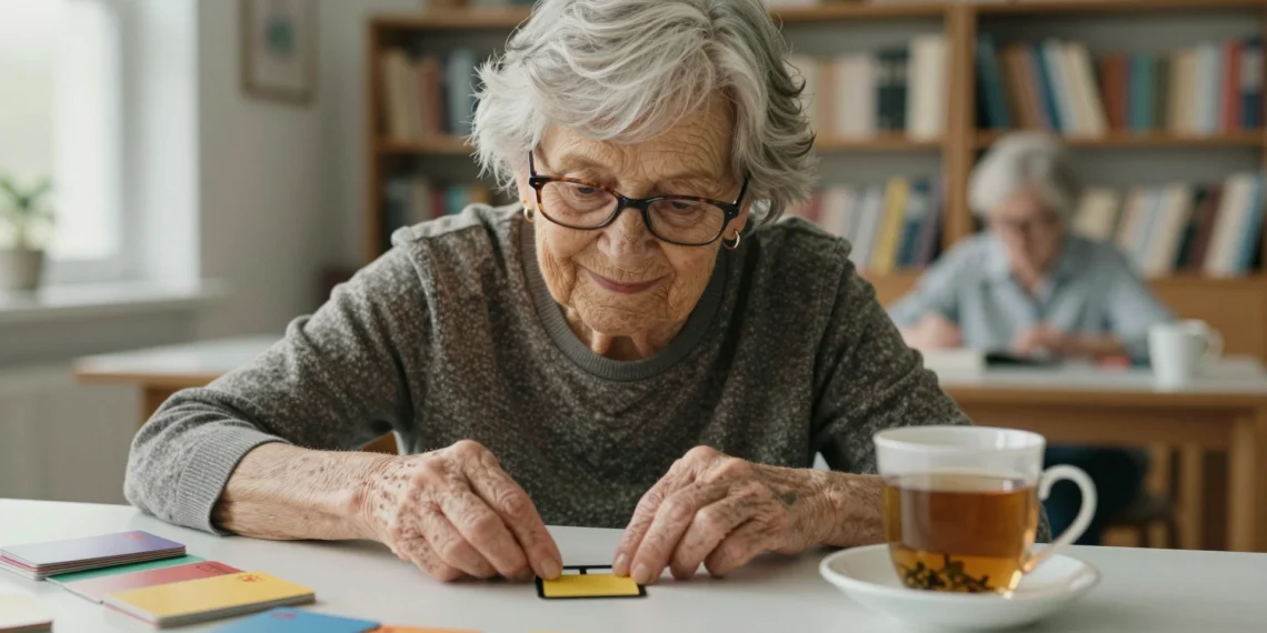 Ejercicios mentales para personas mayores: juegos sencillos que mantienen la memoria activa cada día 1 Mujer mayor sonriente colocando una carta de memoria boca abajo sobre la mesa con tarjetas de colores.