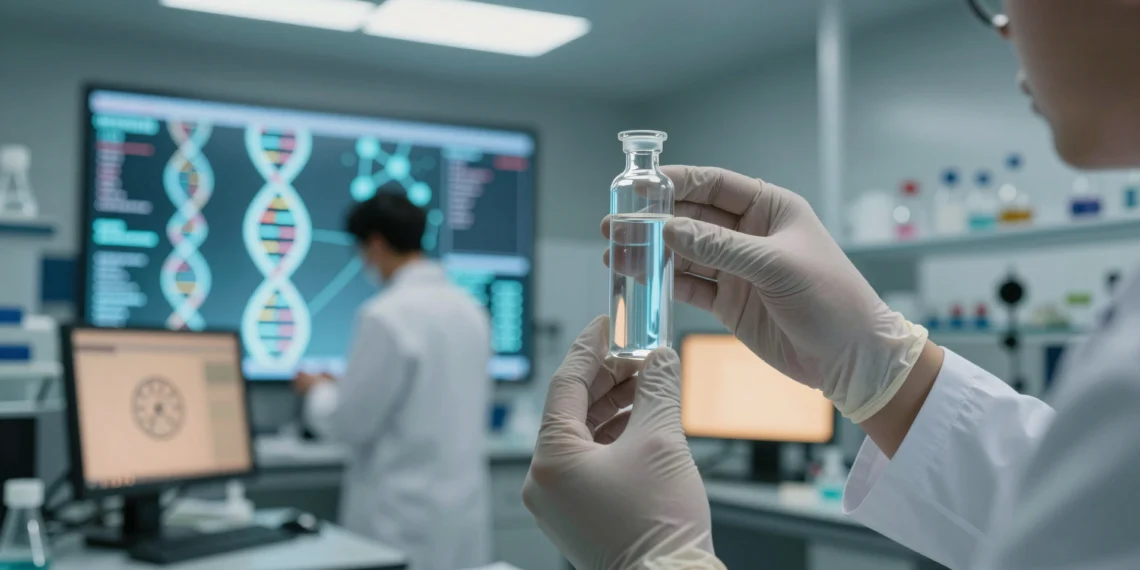 Un fármaco para adelgazar que también frena el reloj biológico, según las farmacéuticas 1 Manos con guantes sostienen un vial en laboratorio farmacéutico con visualización de ADN al fondo