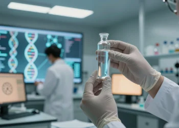 Un fármaco para adelgazar que también frena el reloj biológico, según las farmacéuticas 6 Manos con guantes sostienen un vial en laboratorio farmacéutico con visualización de ADN al fondo